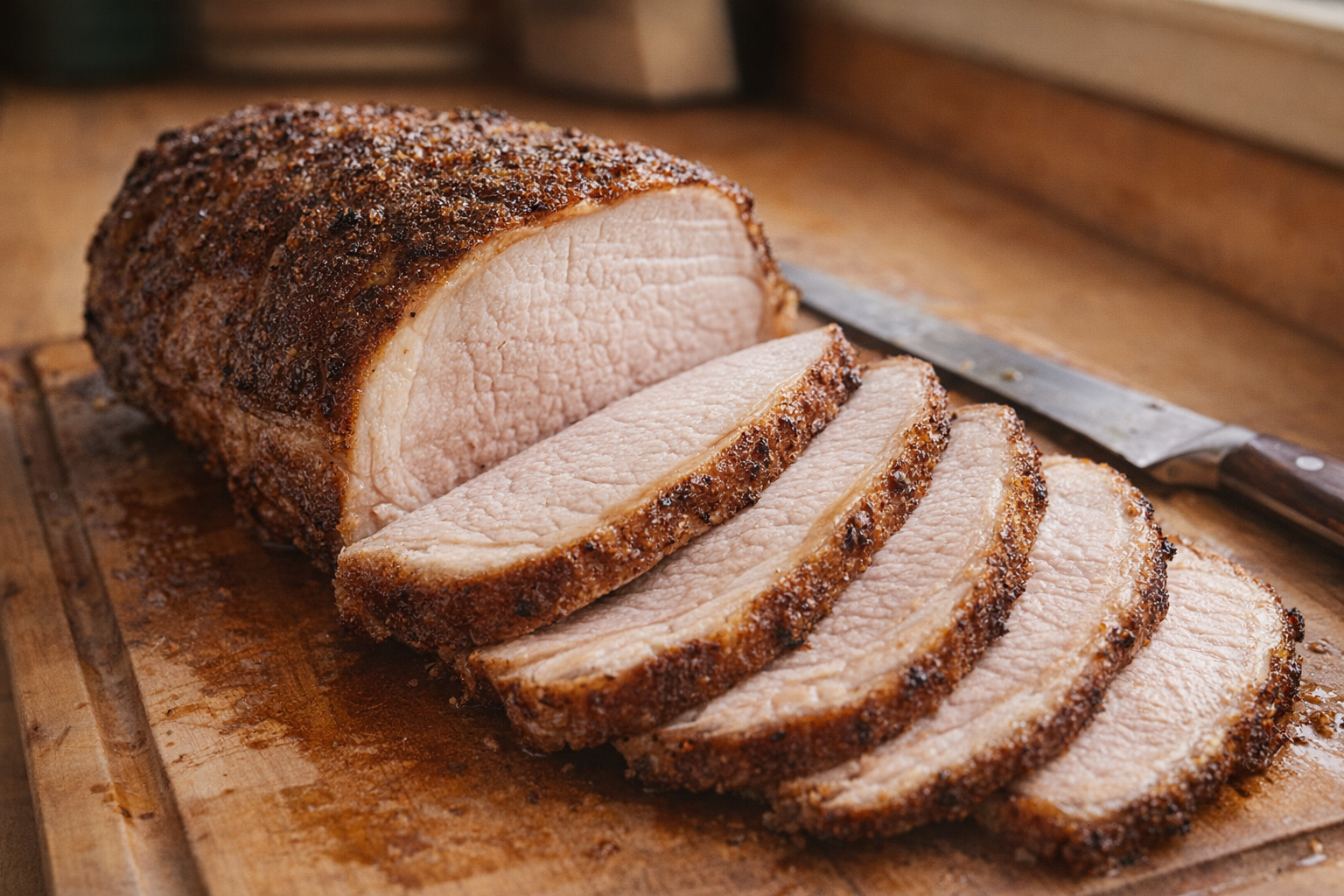A perfectly roasted pork loin, sliced, with a golden-brown crust and moist interior, resting on a cutting board with carving knife, warm lighting